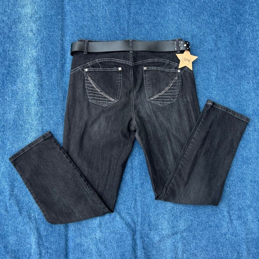 y2k Style & Co belted rhinestone slim leg skinny jeans denim